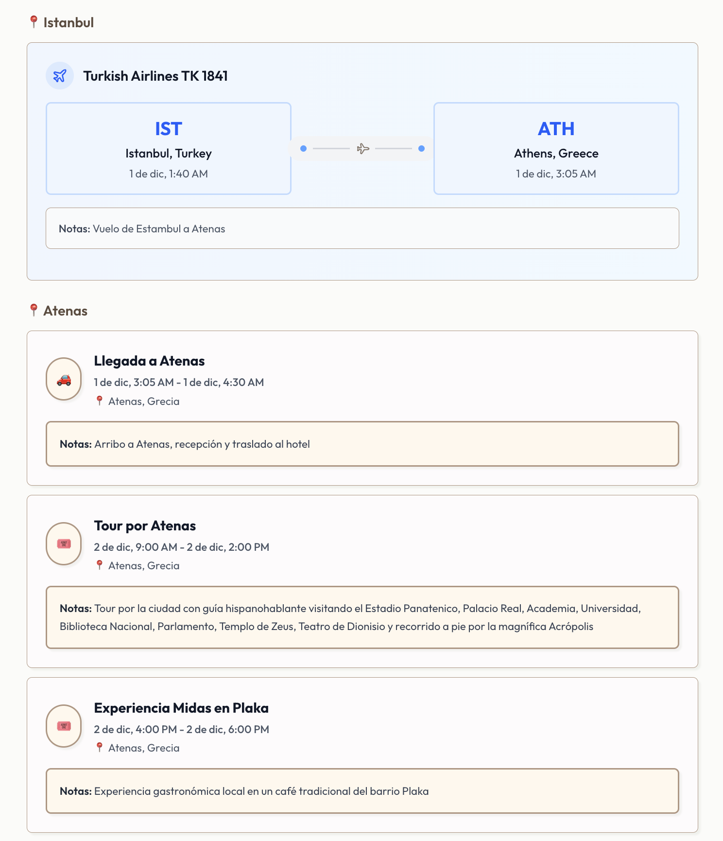 Example of itinerary view